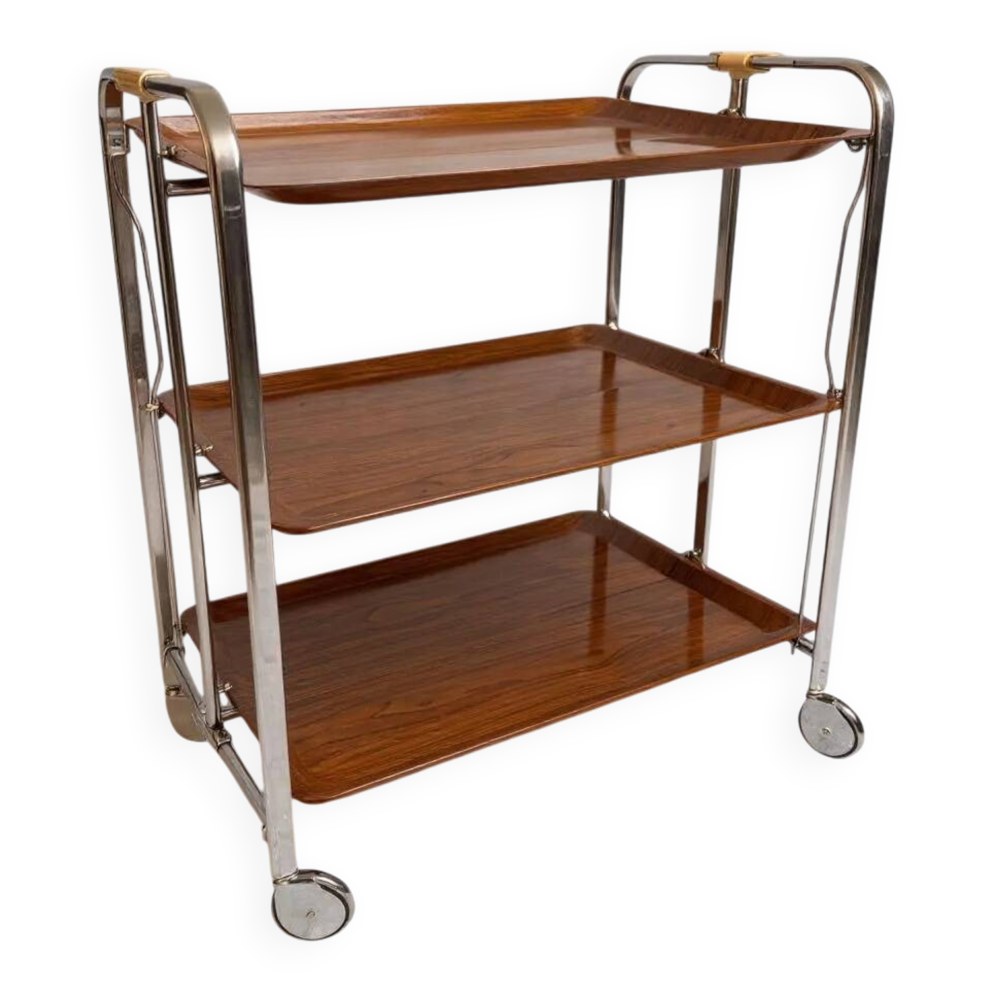 Bremshey Dinett Folding Trolley, Chrome & Teak, 1970s