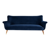Canapé vintage années 60 en velours bleu nuit – réplique fidèle, entièremen