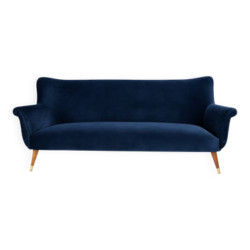 Vintage 1960s midnight blue velvet sofa – faithful replica, entirely