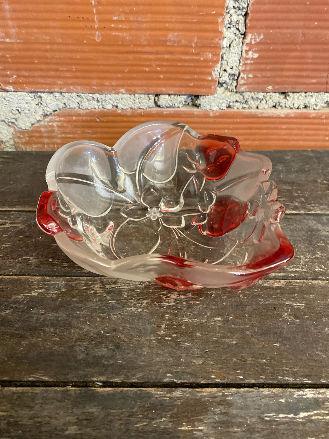Vintage Ashtray Bowl ANNE HUTTE Style Crystal Strawberry Red Decor
