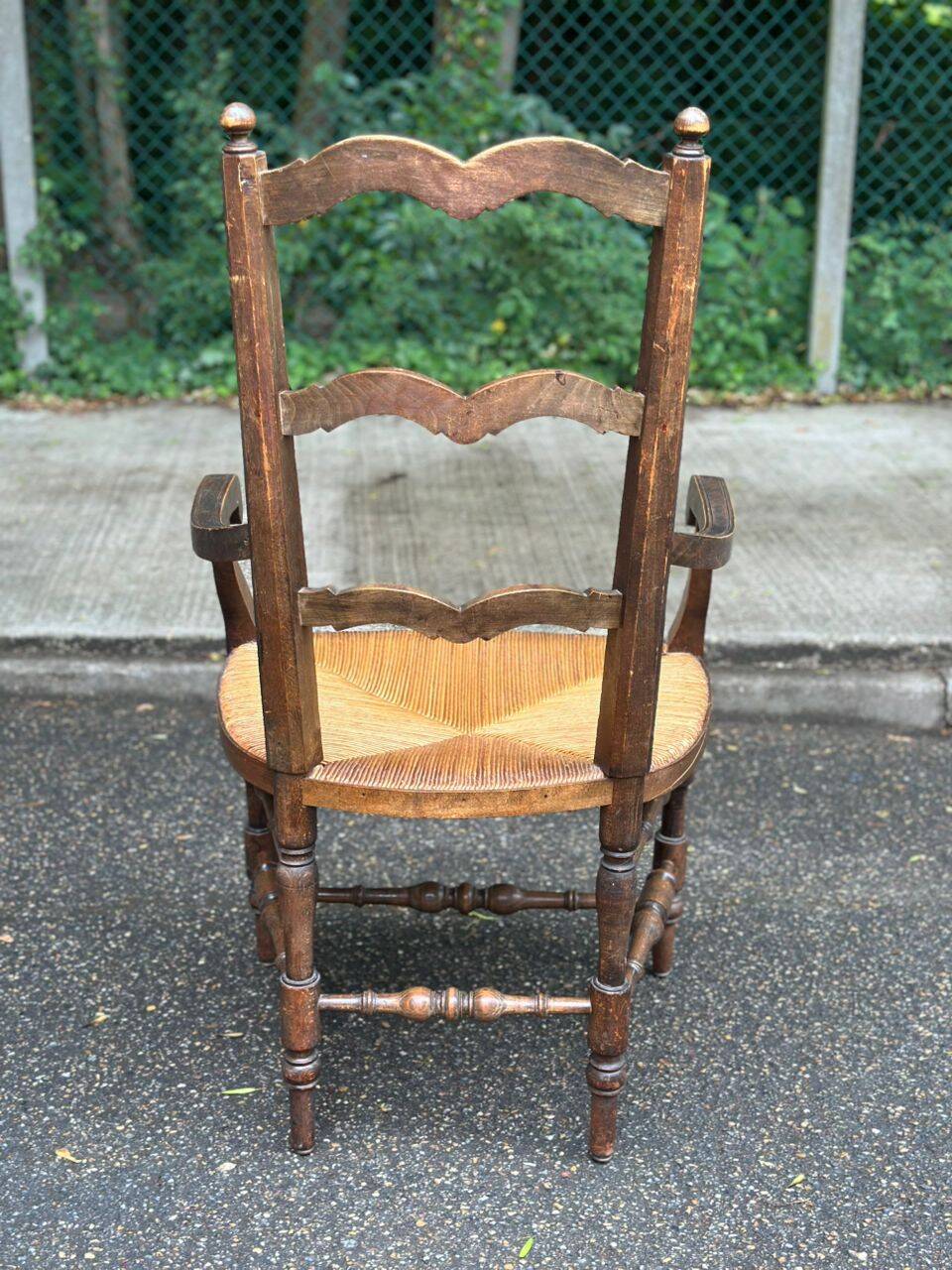19th-century solid wood straw chair 111cm