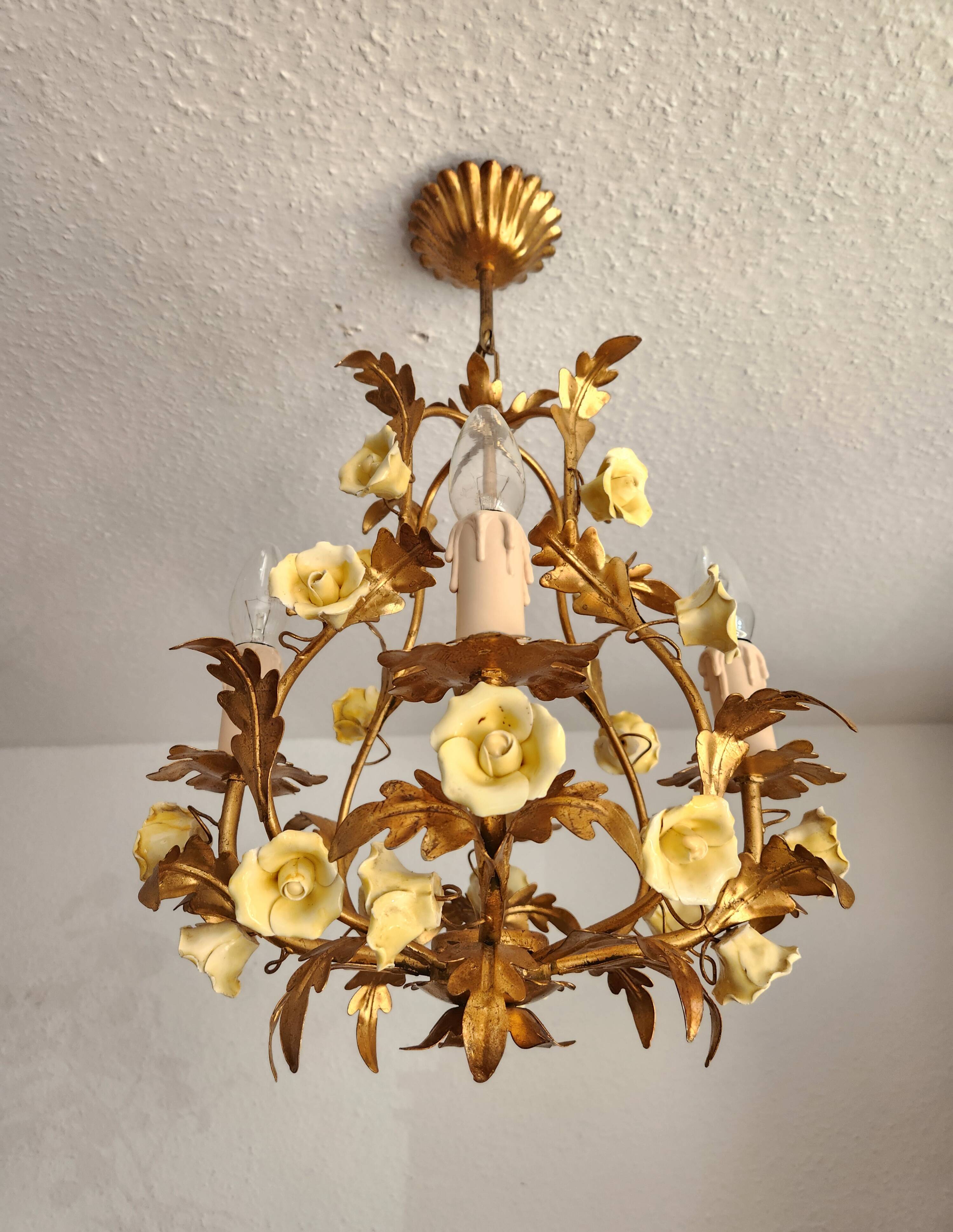 Vintage gilded hand-forged Florentine ceiling light with porcelain roses.