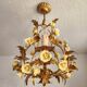 Vintage gilded hand-forged Florentine ceiling light with porcelain roses.