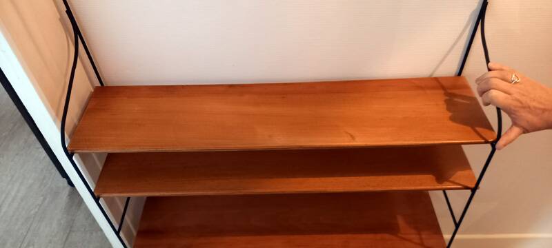 Vintage metal and solid wood string style wall shelf.