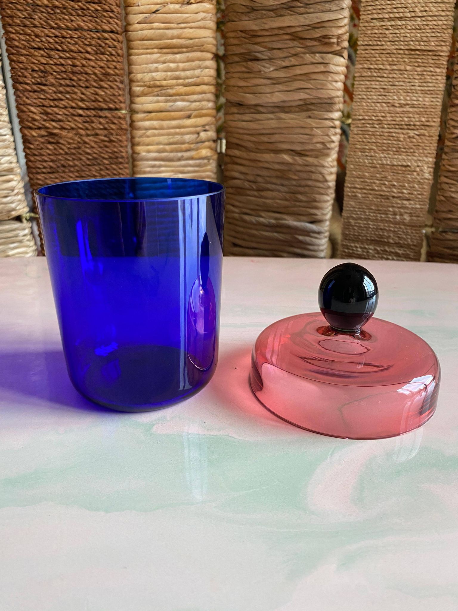 Handmade Blue, Pink and Black Glass Lidded Jar by Erik Höglund, 1992