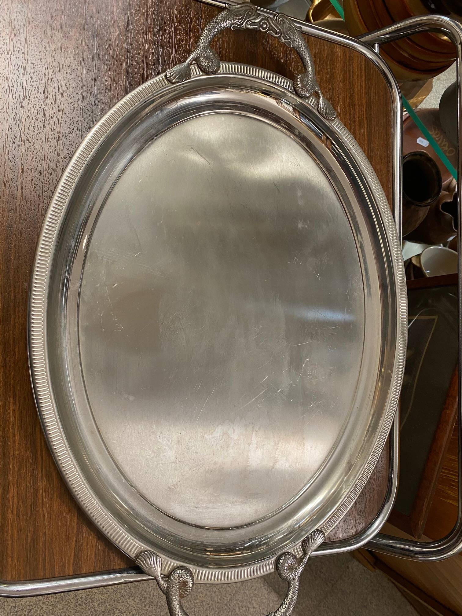 Large jean couzon stainless steel serving tray with fish decor handles