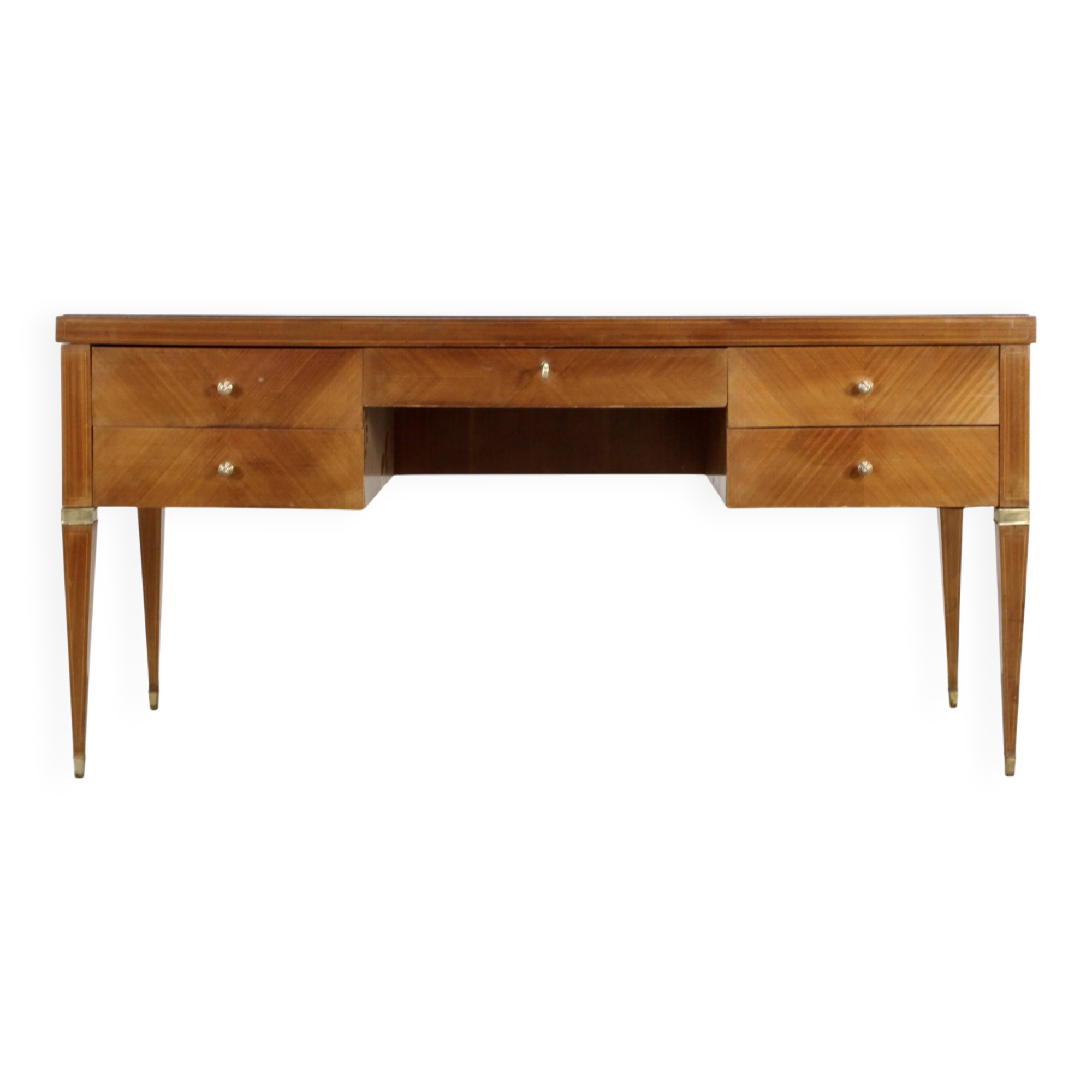 Midcentury Italian Desk In Walnut, Brass And Glass.