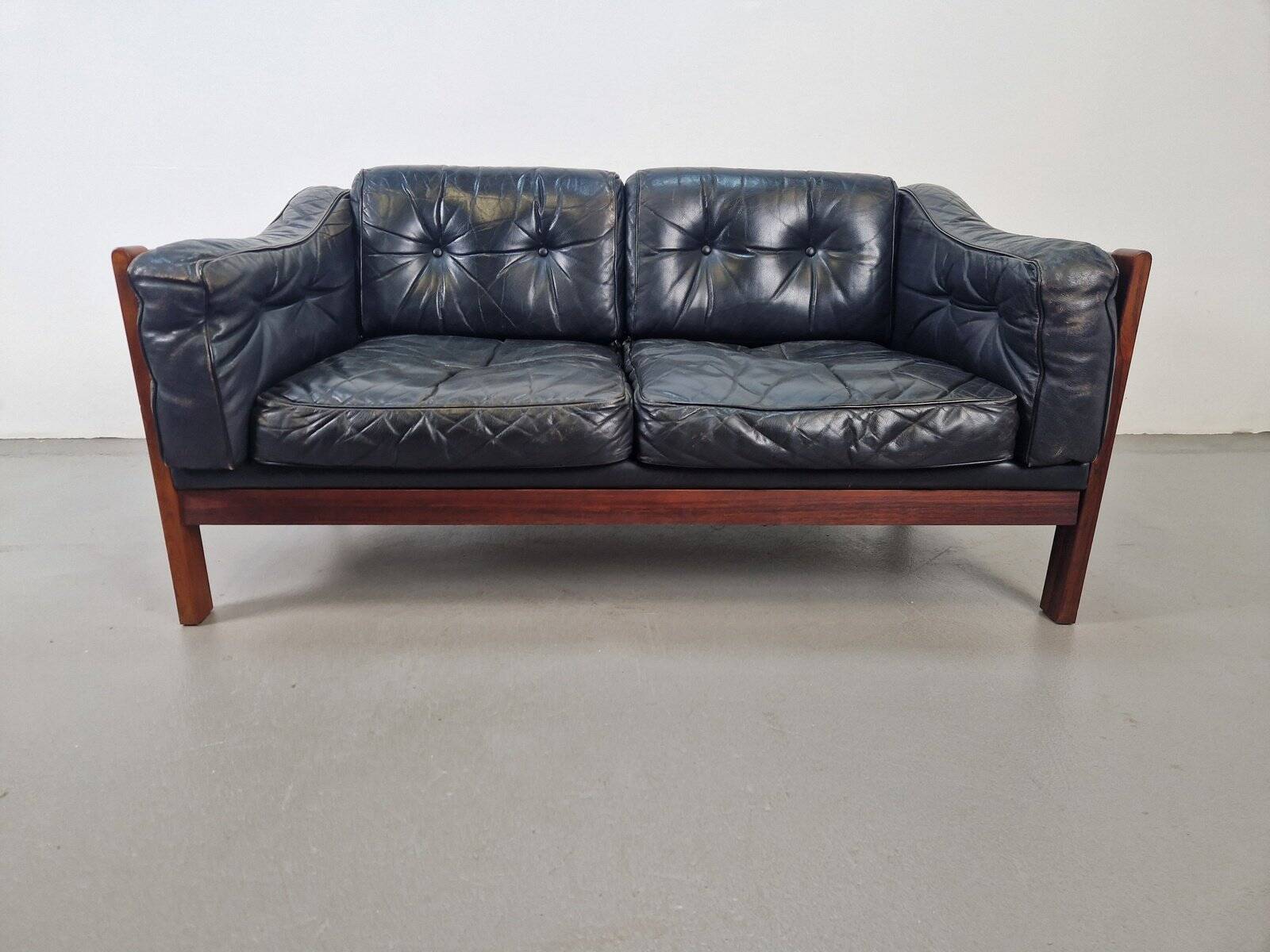 Mid-Century Modern Scandinavian Monte Carlo Sofa in Black Leather and Wood by Ingvar Stockum, 1965