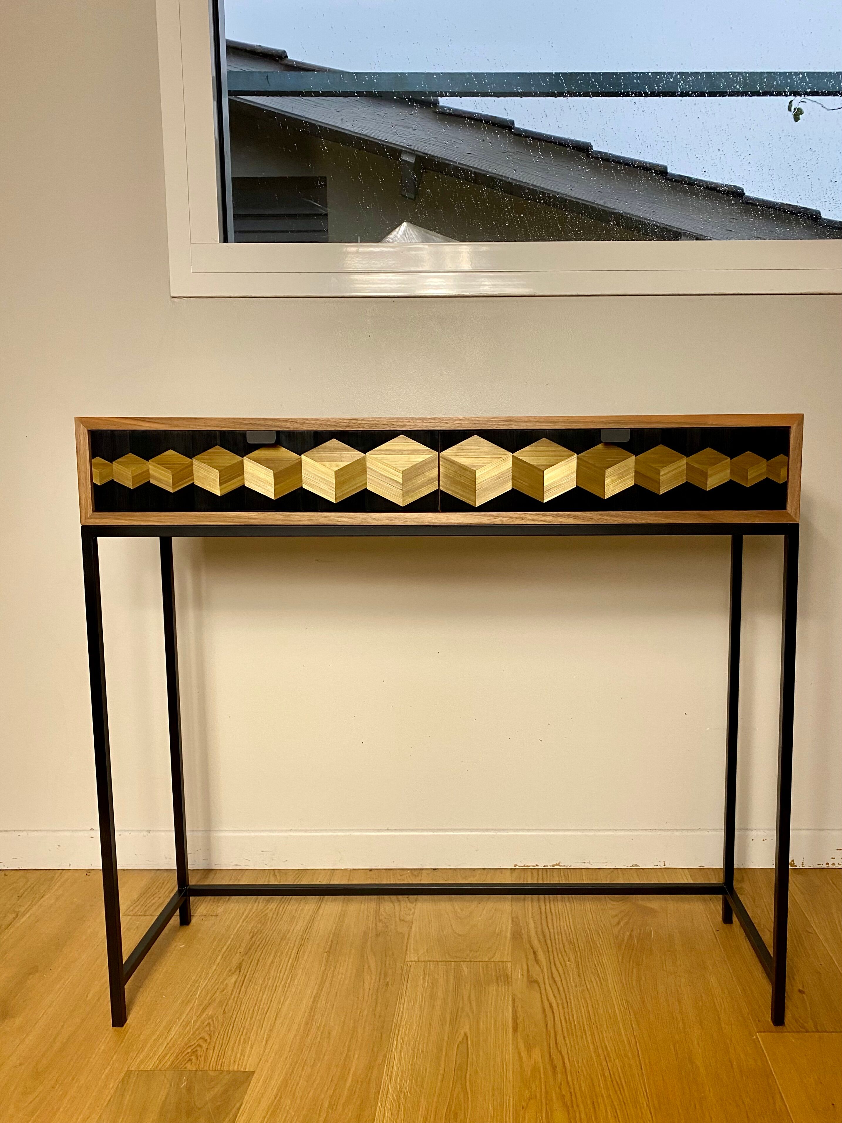 Cubes console straw marquetry