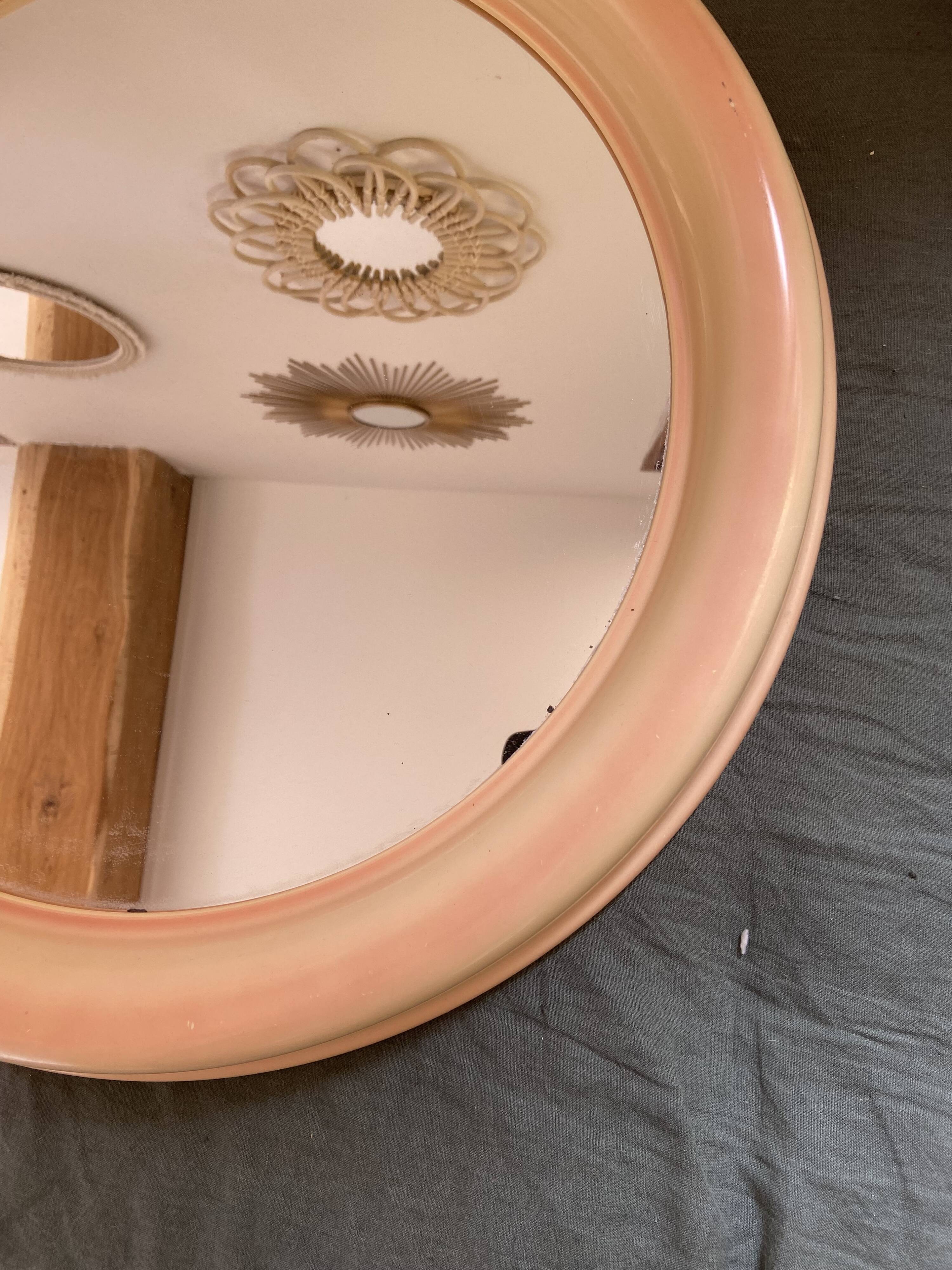 Round Beige and Coral Plastic Wall Mirror from the 70s-80s