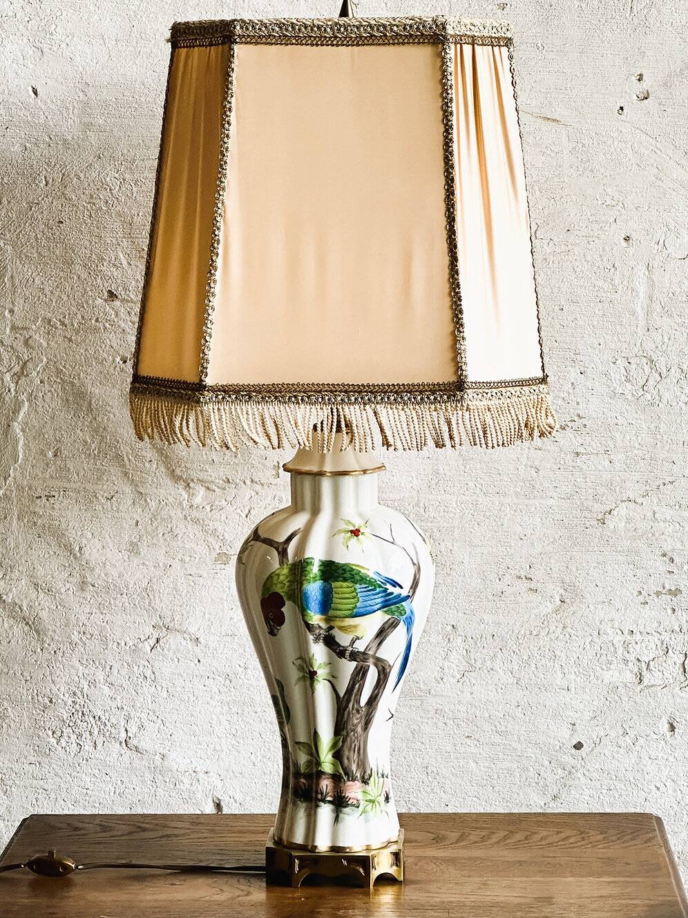 Porcelaine de Paris with exotic birds porcelain table lamp, 1950s.