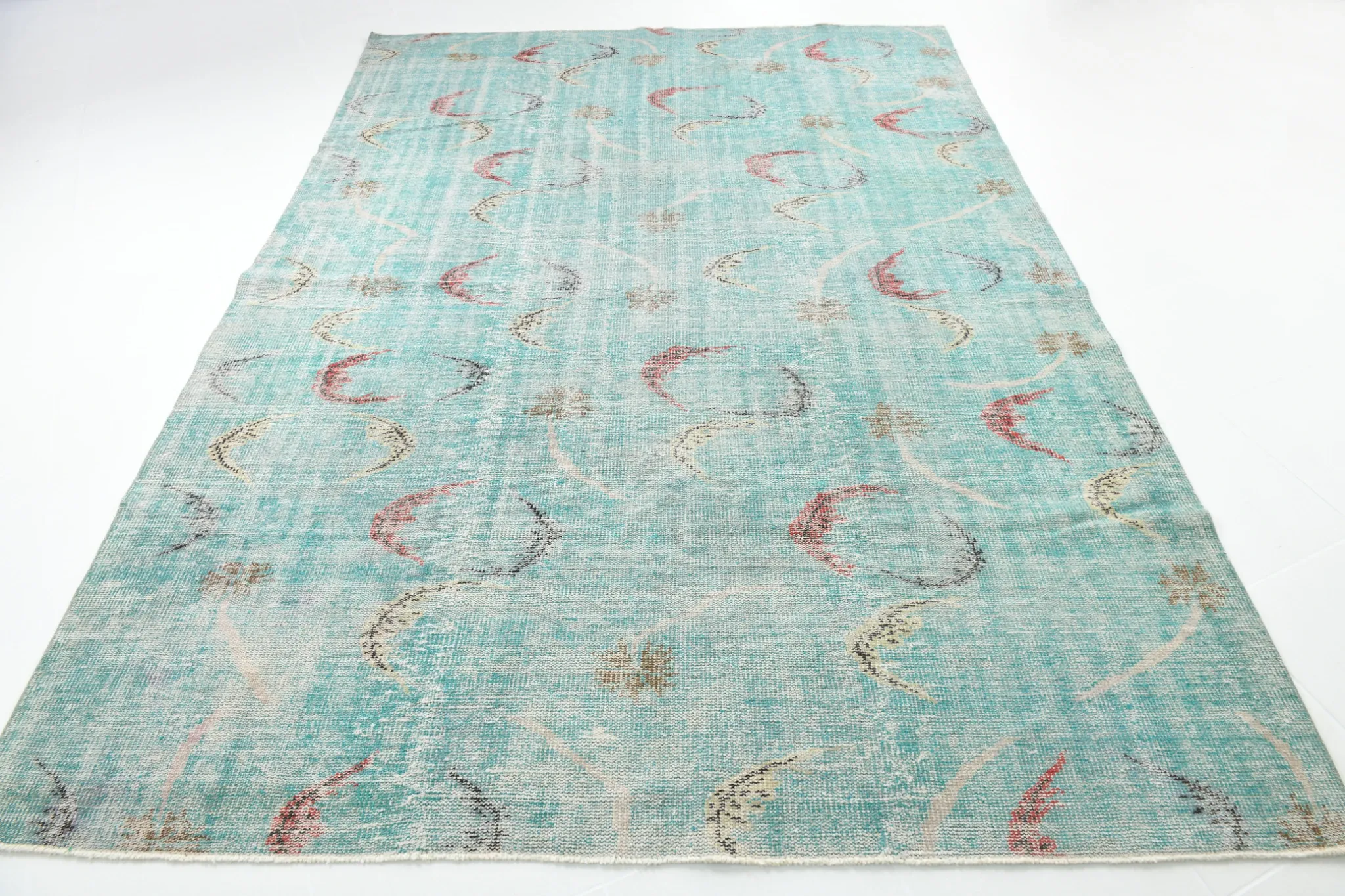 Teal Green Turkish Vintage Rug, Persian Style Living Room Carpet, 222x321Cm