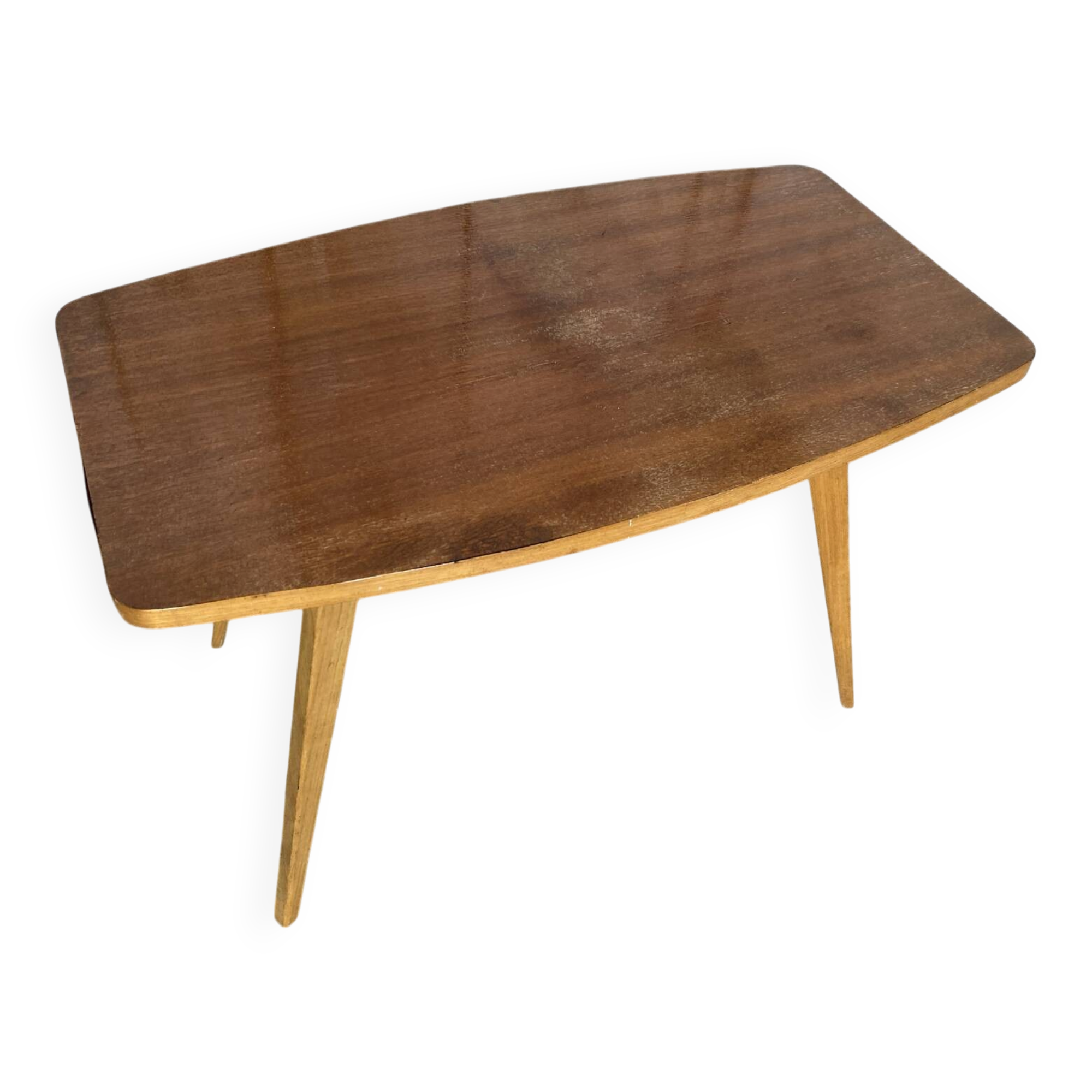 Table Basse Ancienne Scandinave Bois Pieds Compas Années 60 Vintage #E
