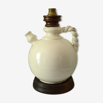 Pied de lampe cruche en céramique blanche et bois vintage