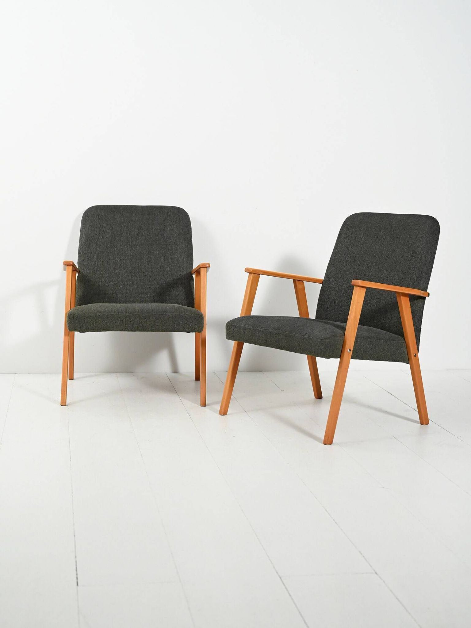Pair of Beech Armchairs with grey upholstery