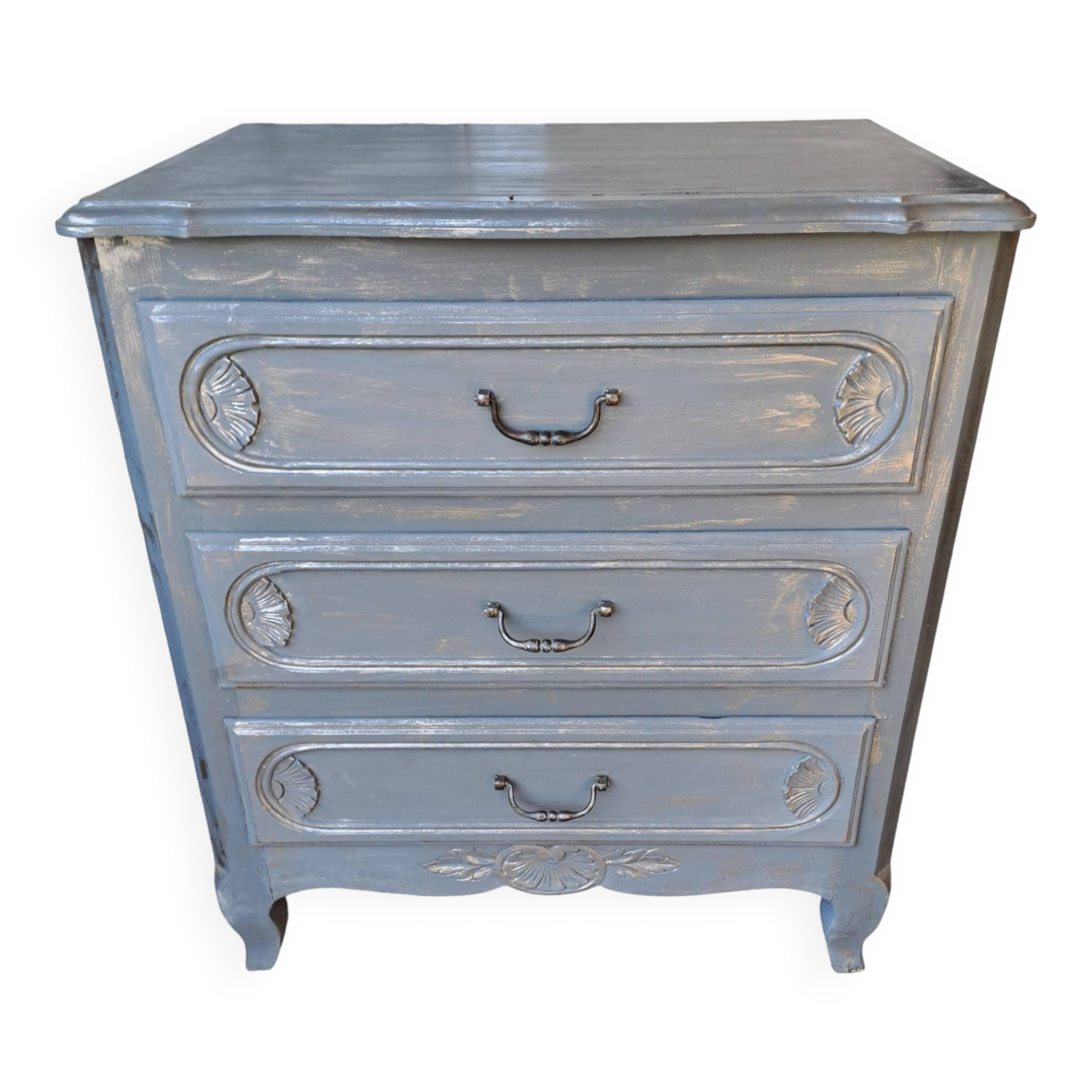Solid wood chest of drawers painted gray and patinated silver 1940 with 3 drawers