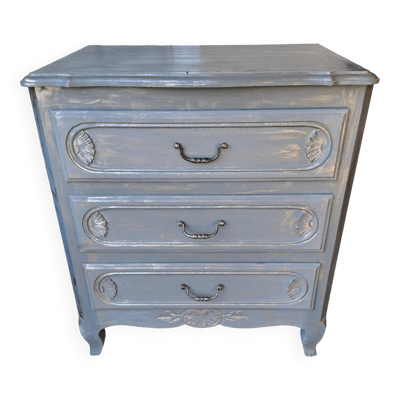 Commode en bois massif peinte gris et patiné argent  1940 à 3 tiroirs