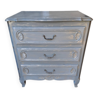 Commode en bois massif peinte gris et patiné argent  1940 à 3 tiroirs