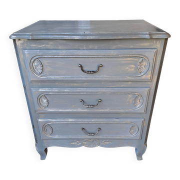 Commode en bois massif peinte gris et patiné argent  1940 à 3 tiroirs
