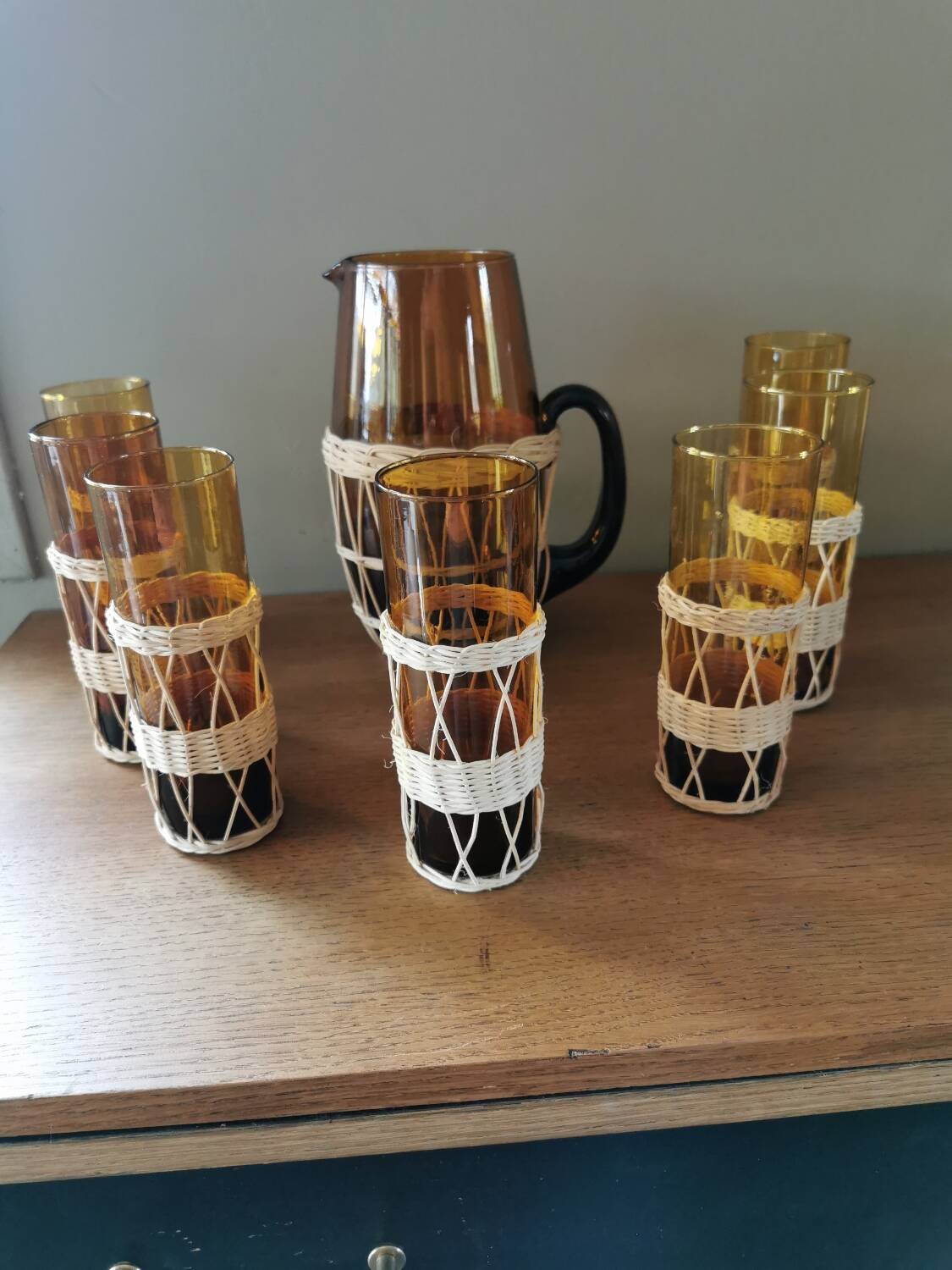Vintage glass and wicker orangeade set