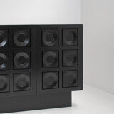 Black brutalist sideboard with graphic patterned doors, belgium 1970s