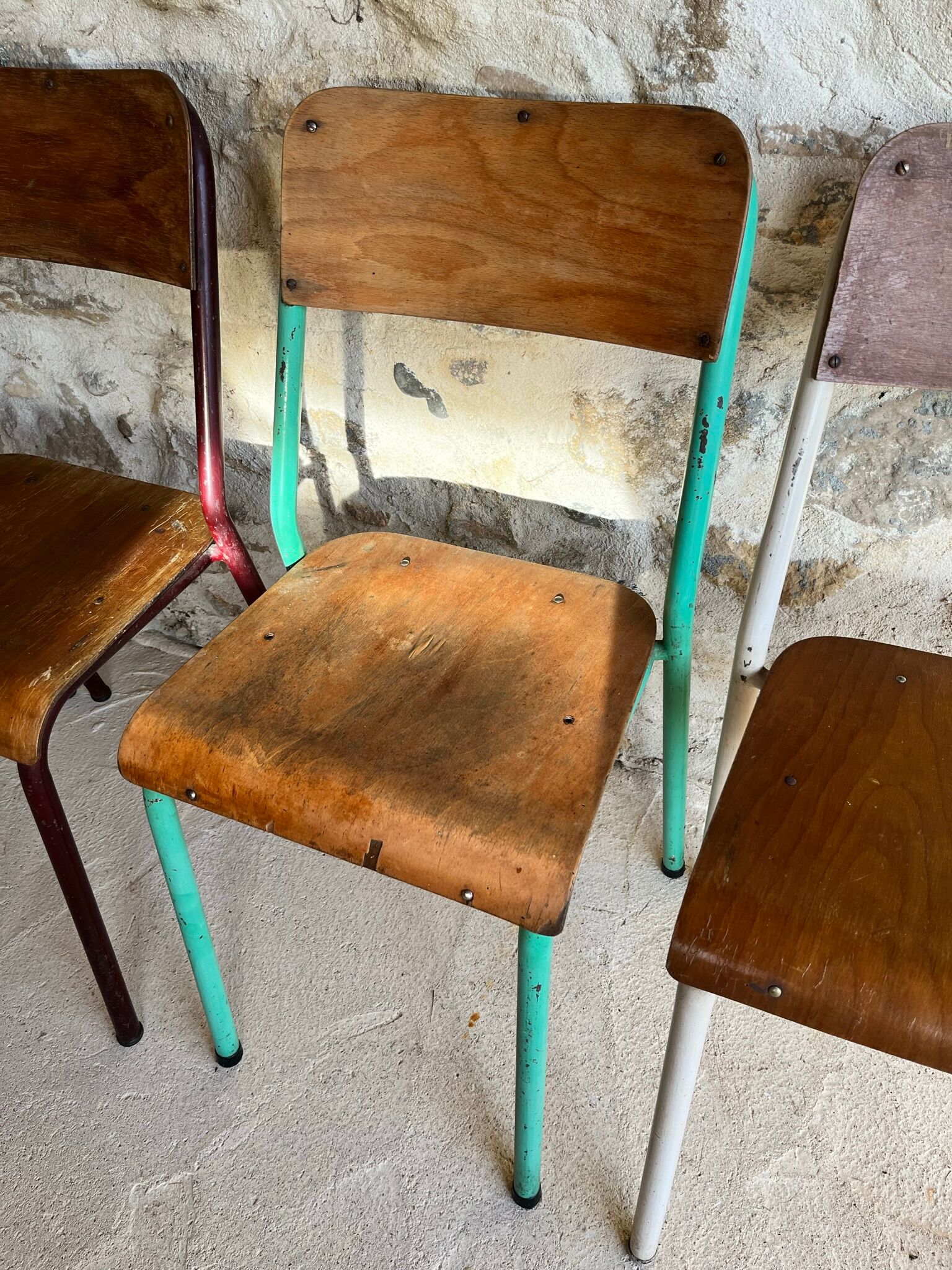 Set of 4 mismatched old school style chairs
