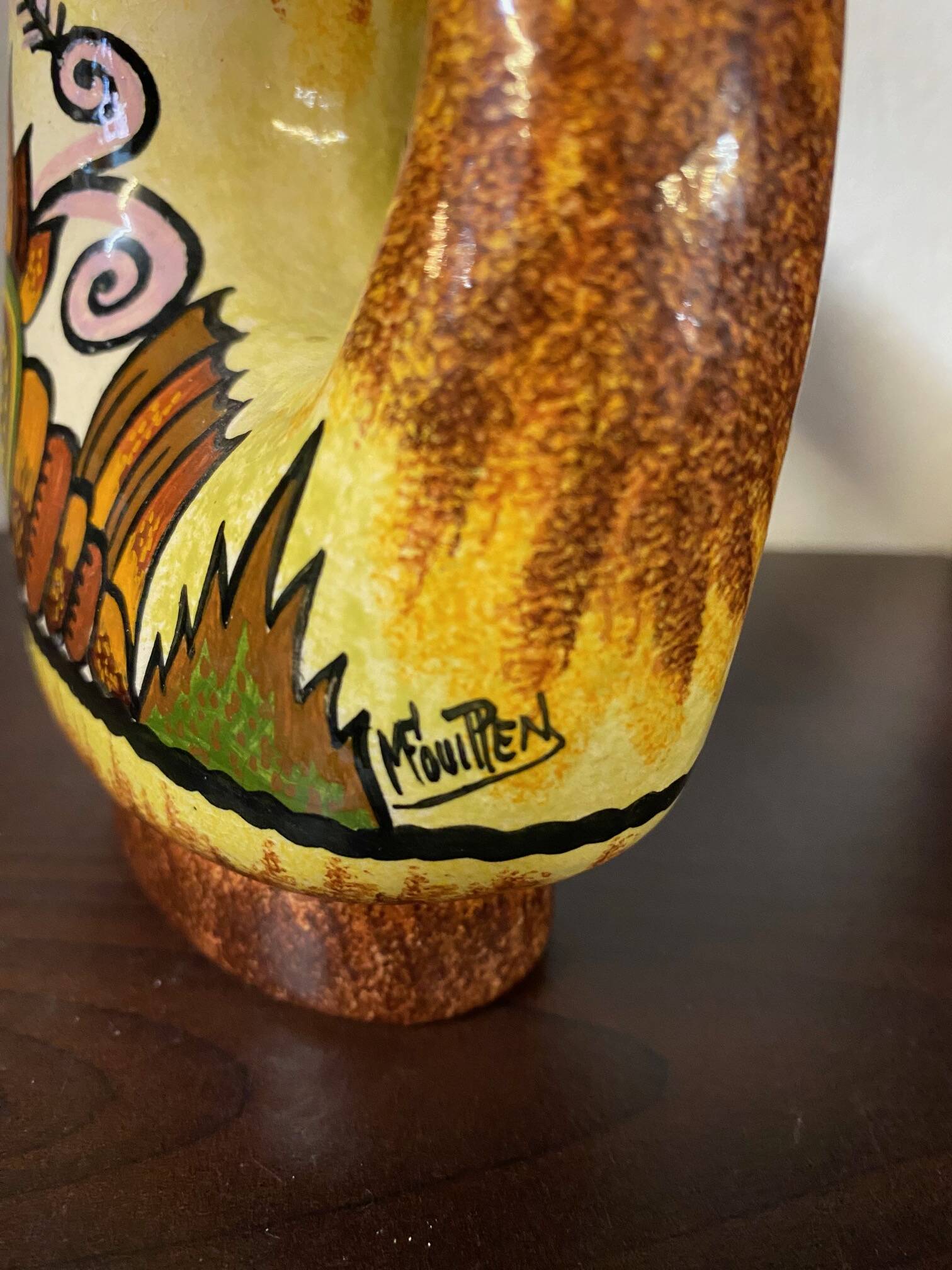 Quimper fouillen faience pitcher from the 50s/60s oblique shape gorse decor