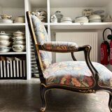 Louis XV style marquise in black and gold wood and jacquard, Napoléon III period.