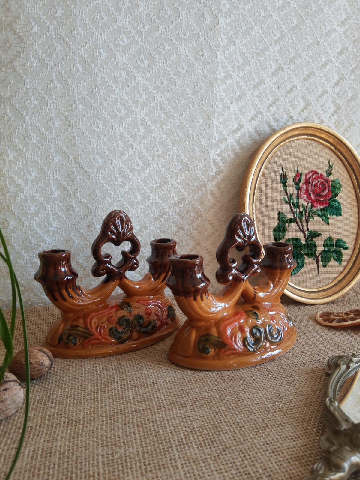 Pair of double barbotine candlesticks - vintage