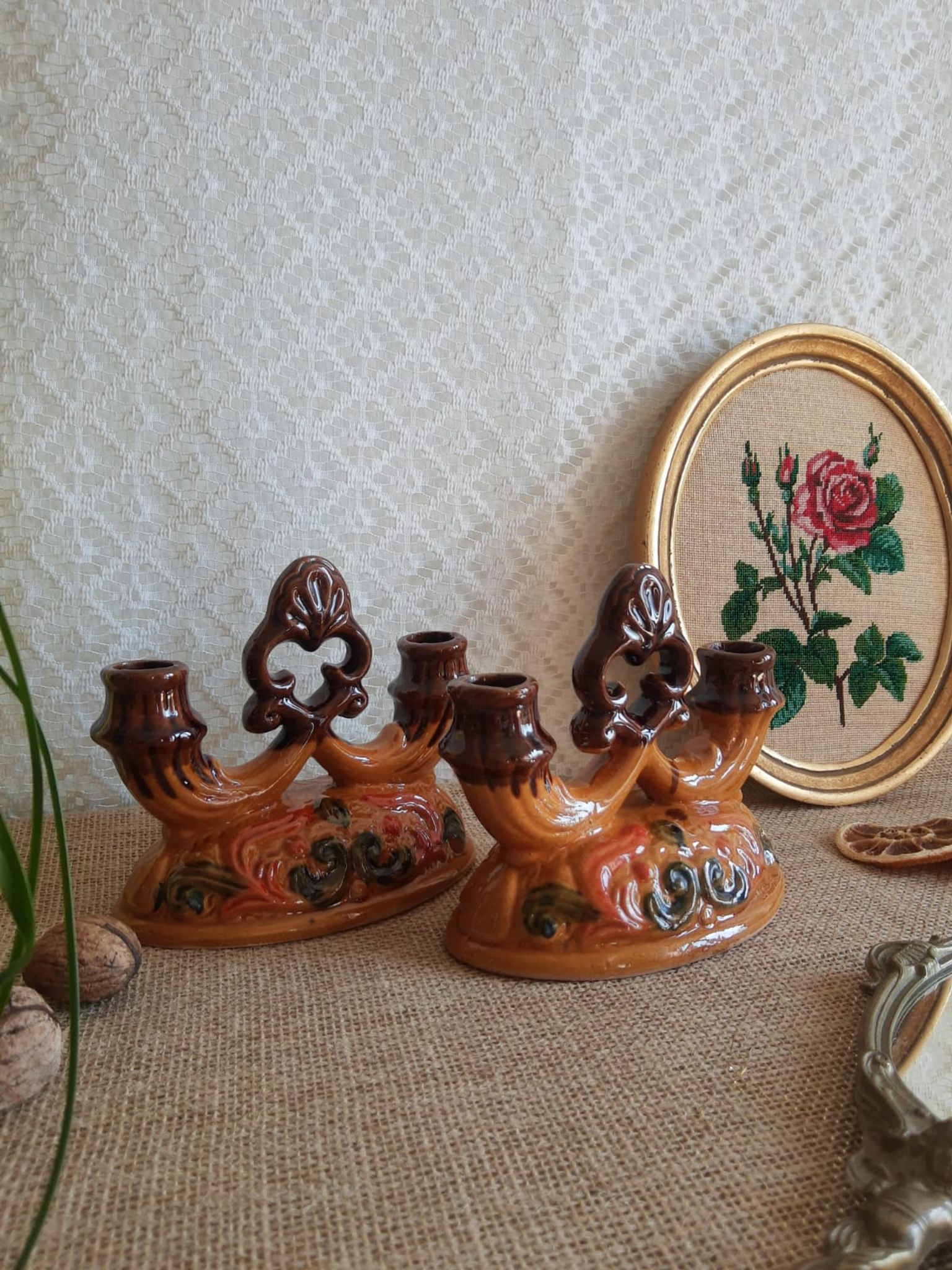 Paire de bougeoirs double barbotine - vintage