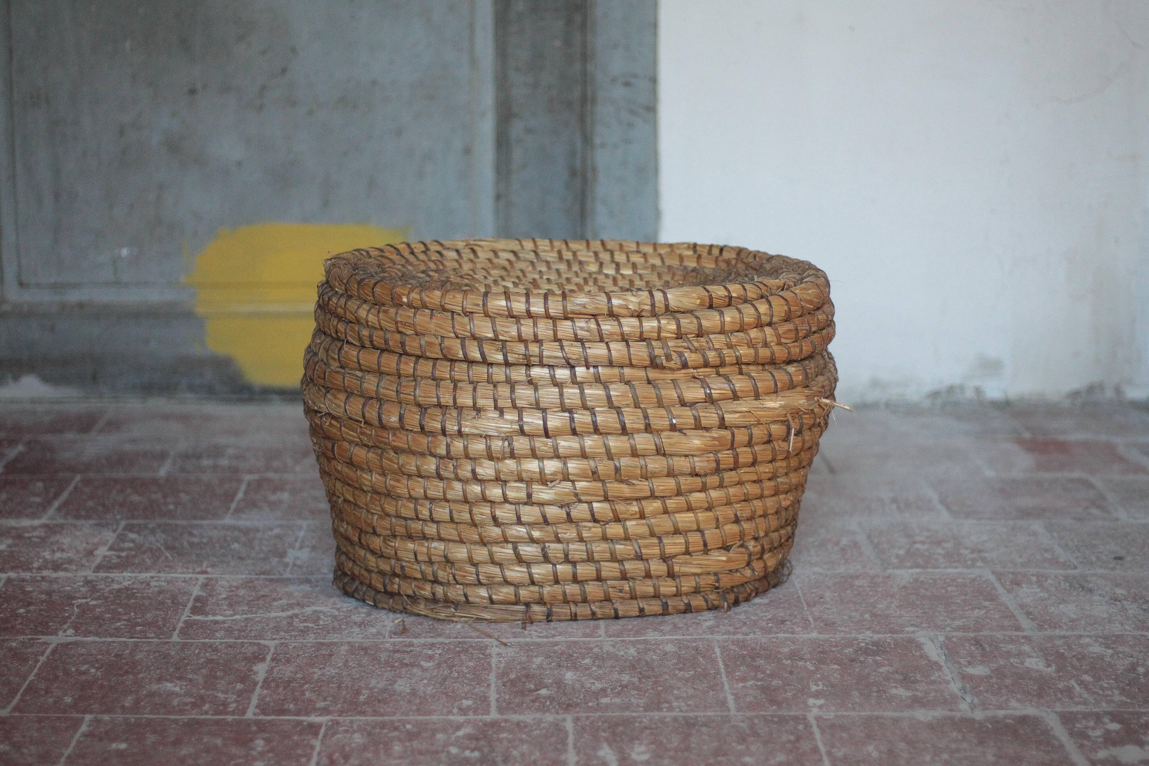 Antique basket, straw and bramble, woven basket with lid