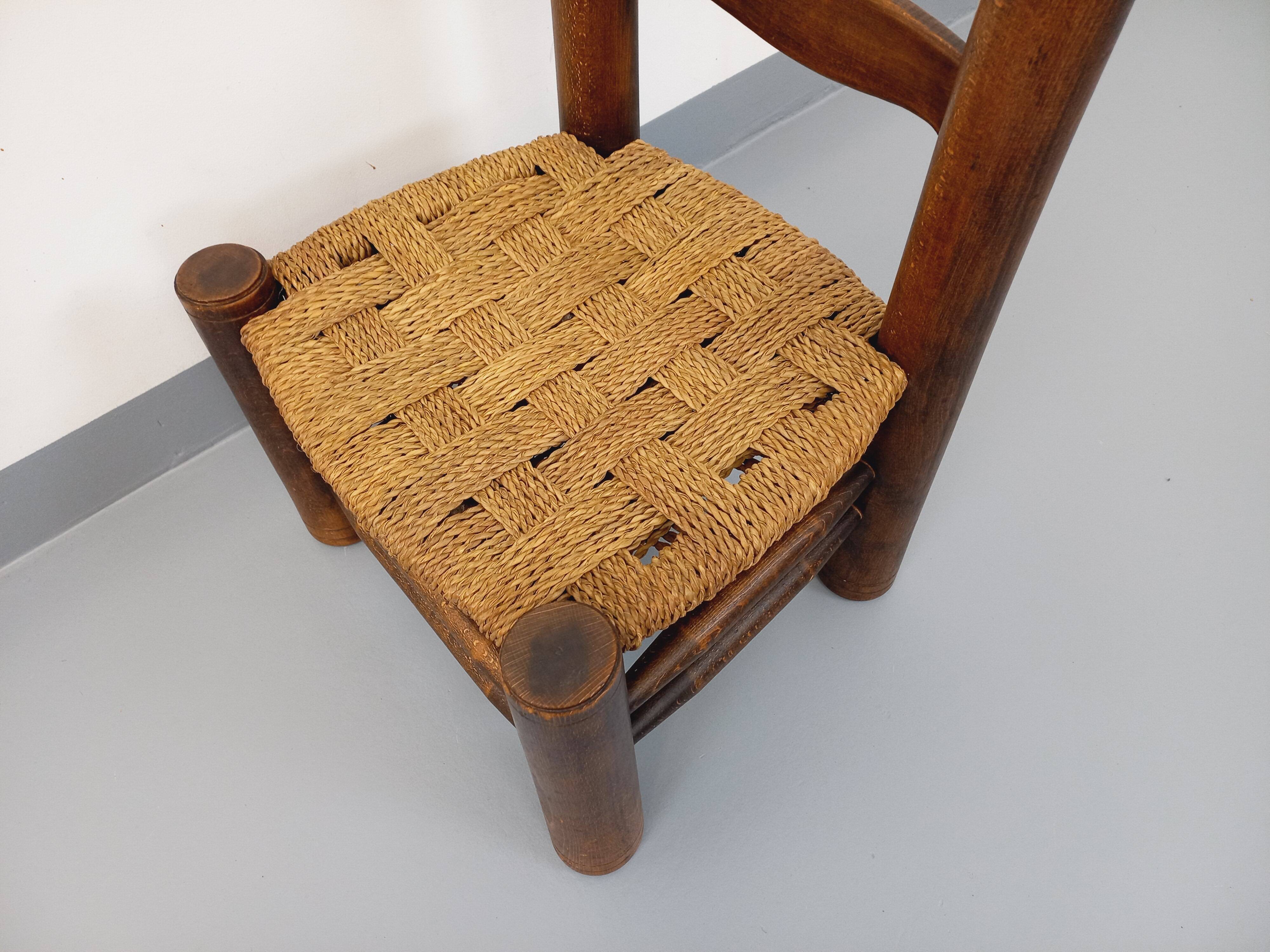 Vintage Charles Dudouyt Brutalist Low Chair in Wood and Straw