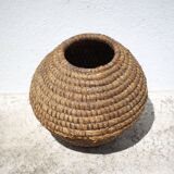 Old basket, burgundy straw and bramble, woven basket, interior decoration