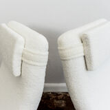 Pair of white boucle gfm 64 high back armchairs by edmund homa, 1960s