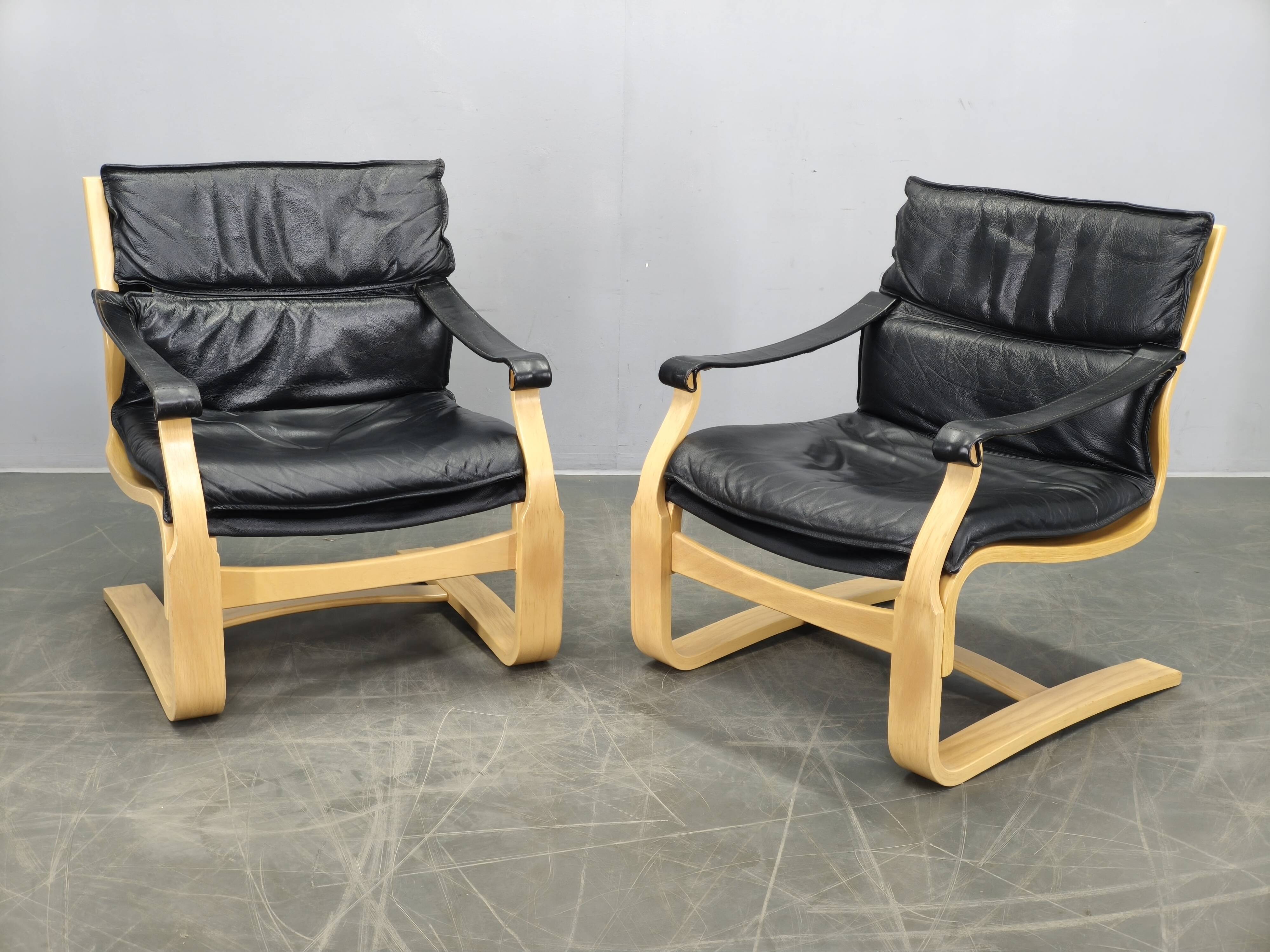 Pair of Leather Lounge Chairs by Åke Fribytter for Nelo Kroken 1960s