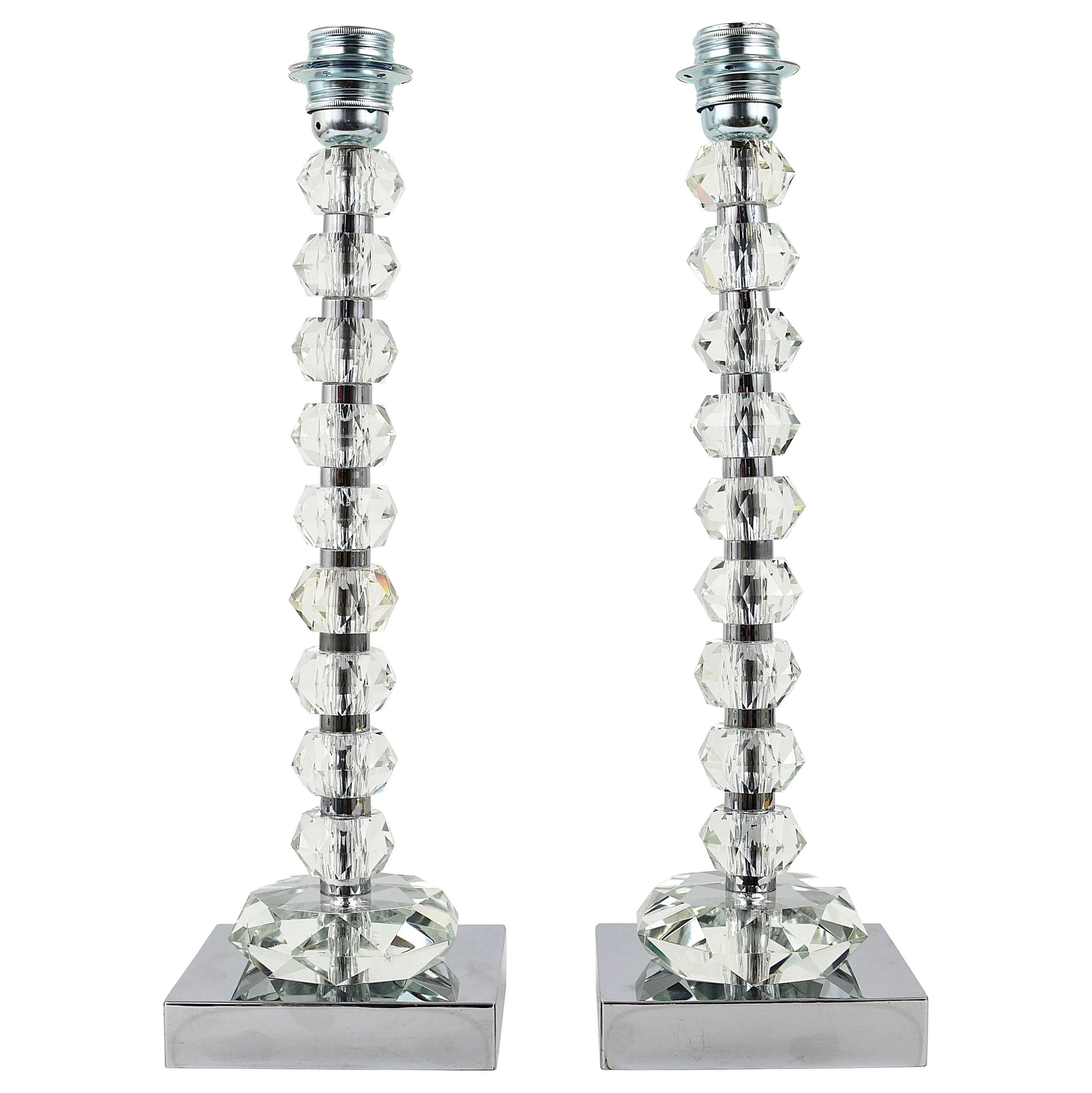 Two Bakalowits table lamps with huge faceted diamond crystals, Austria, 1970s.