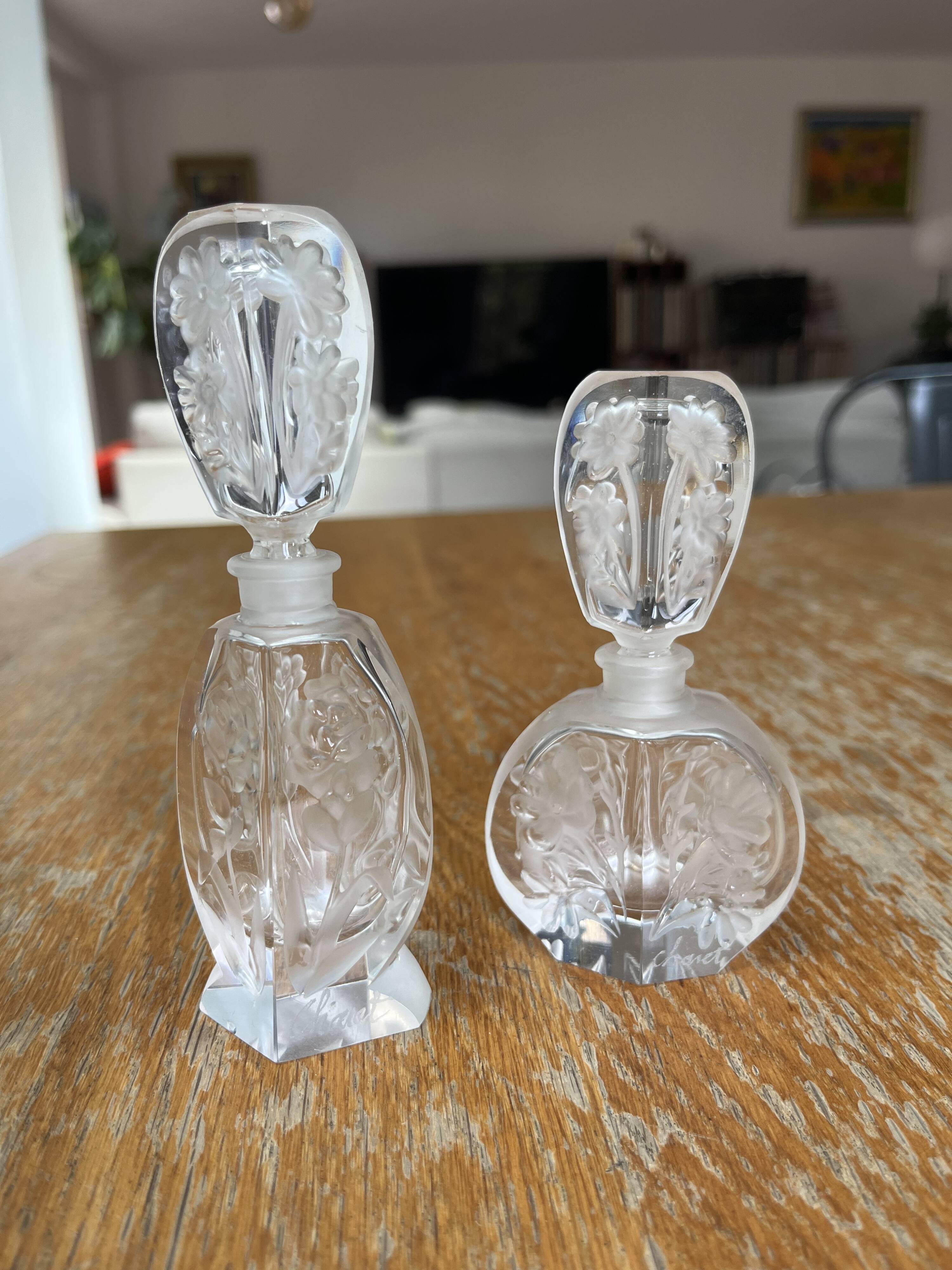Pair of antique frosted crystal perfume bottles – Signed Charet