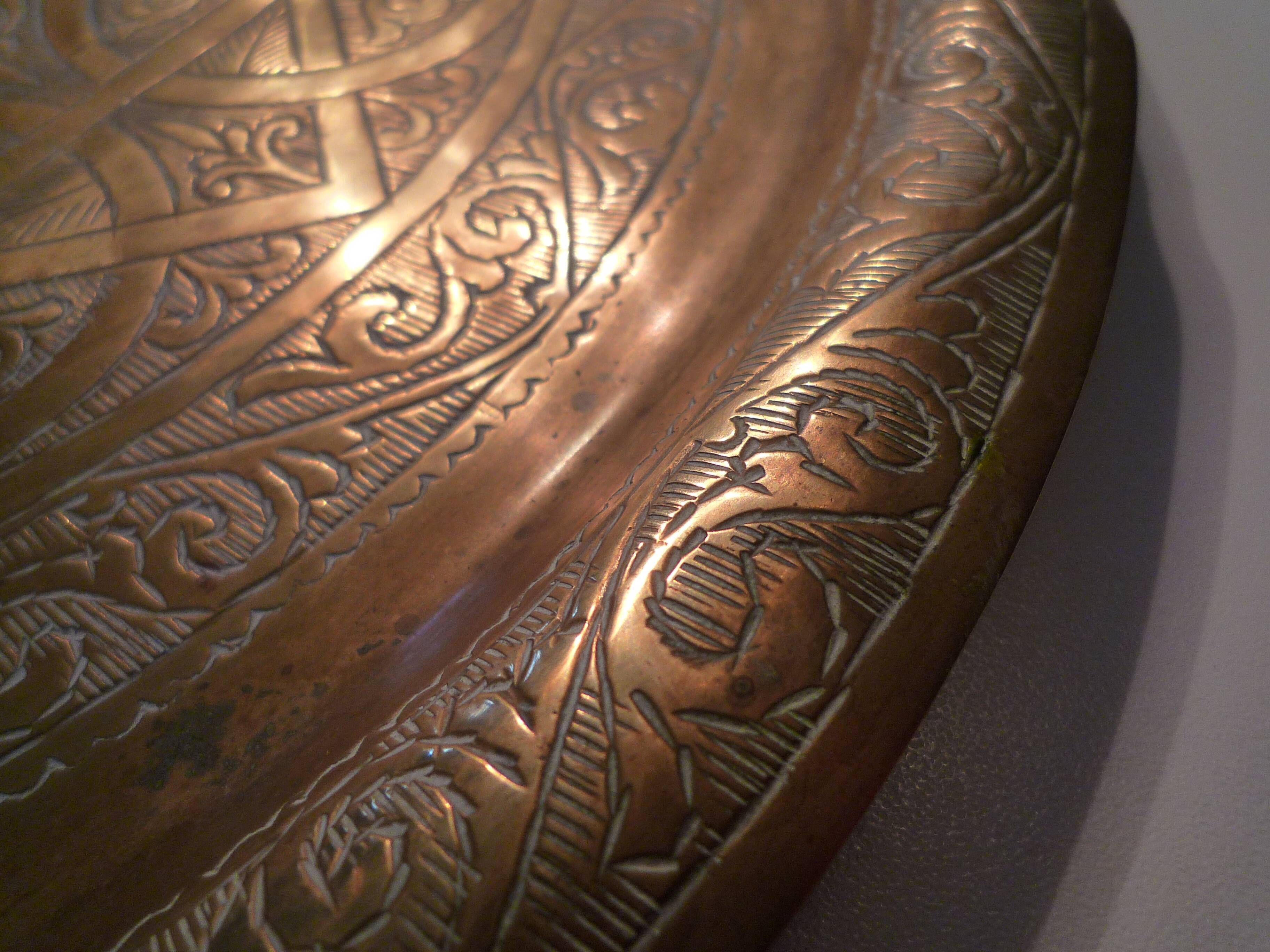 Old copper tray, chiseled, Moroccan