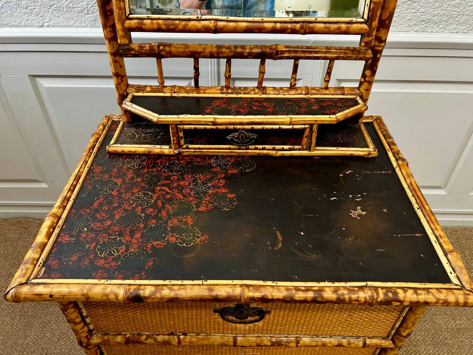 Victorian tiger bamboo, cane & chinoiserie dressing table with drawers, England 1880s, aesthetic movement