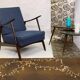 Fauteuil scandinave 1960 tissu bleu foncé effet chevron retapissé