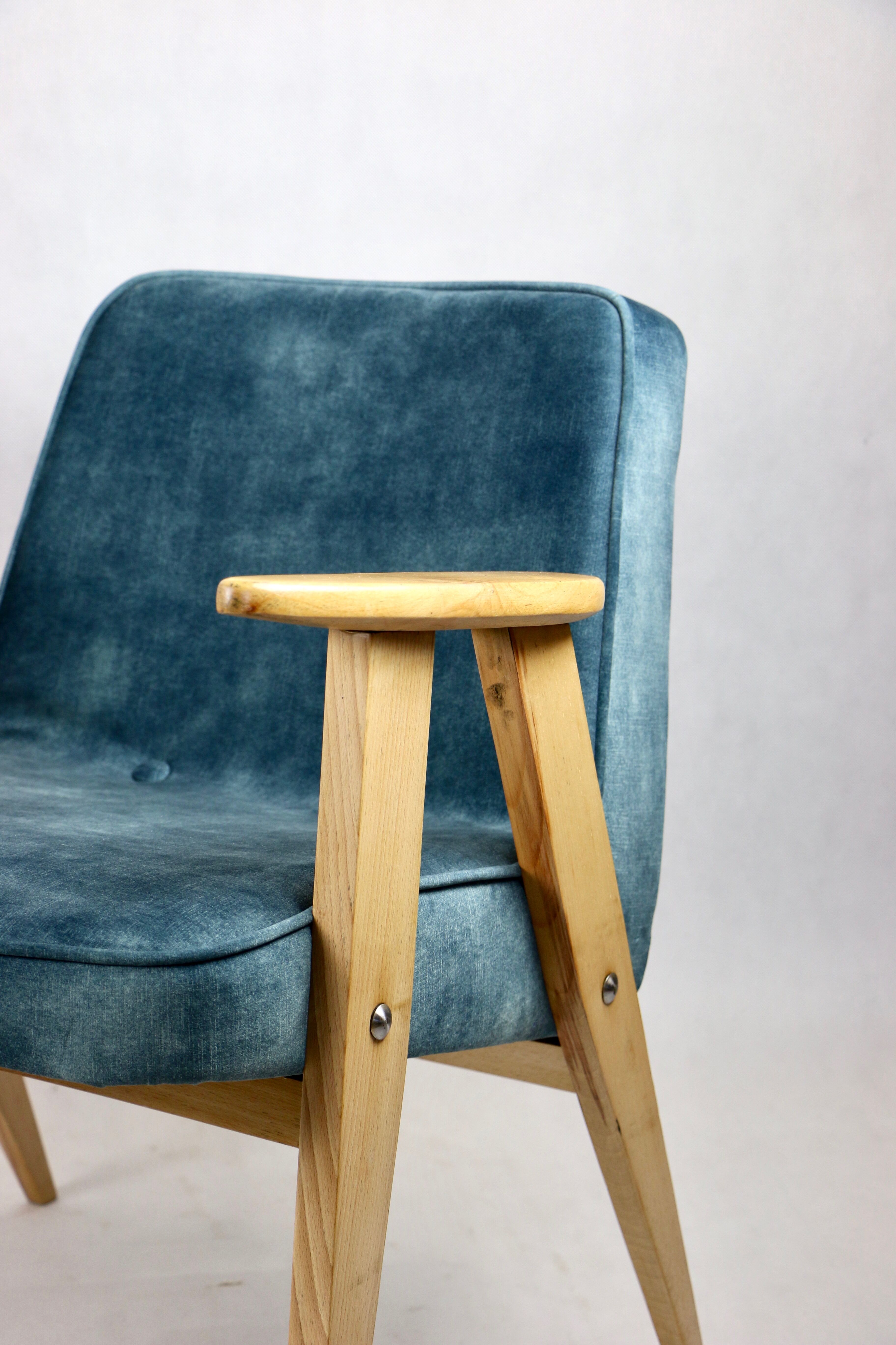 Light blue macau velvet 366 lounge chair by Józef Chierowski, 1970s
