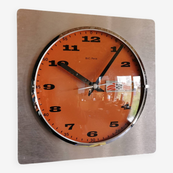 Horloge formica vintage pendule murale silencieuse carrée "BC Paris argent orange"