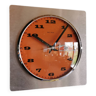 Vintage formica clock square silent wall pendulum "BC Paris silver orange"