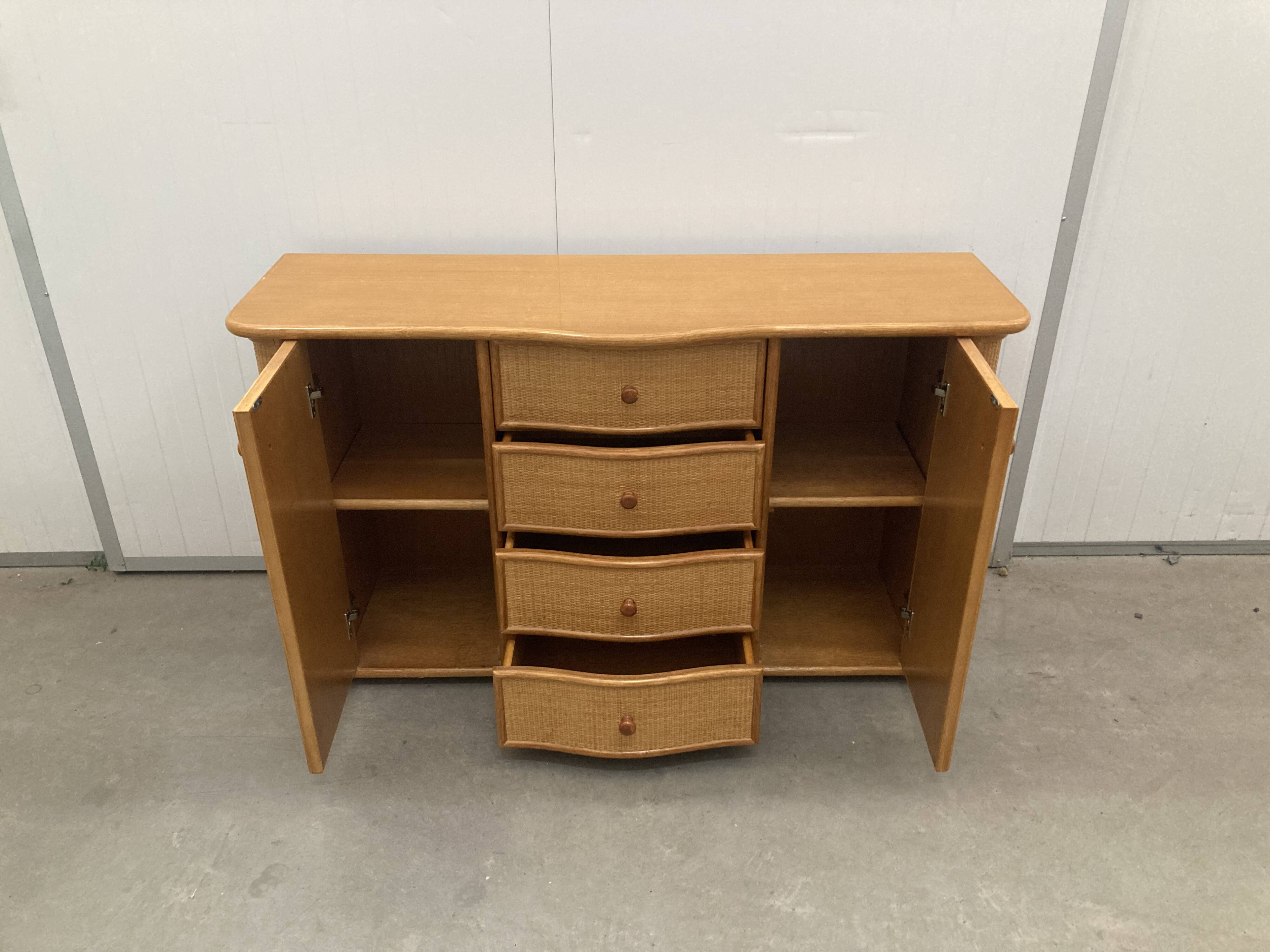 Vintage rattan sideboard with curved drawers, 1970s