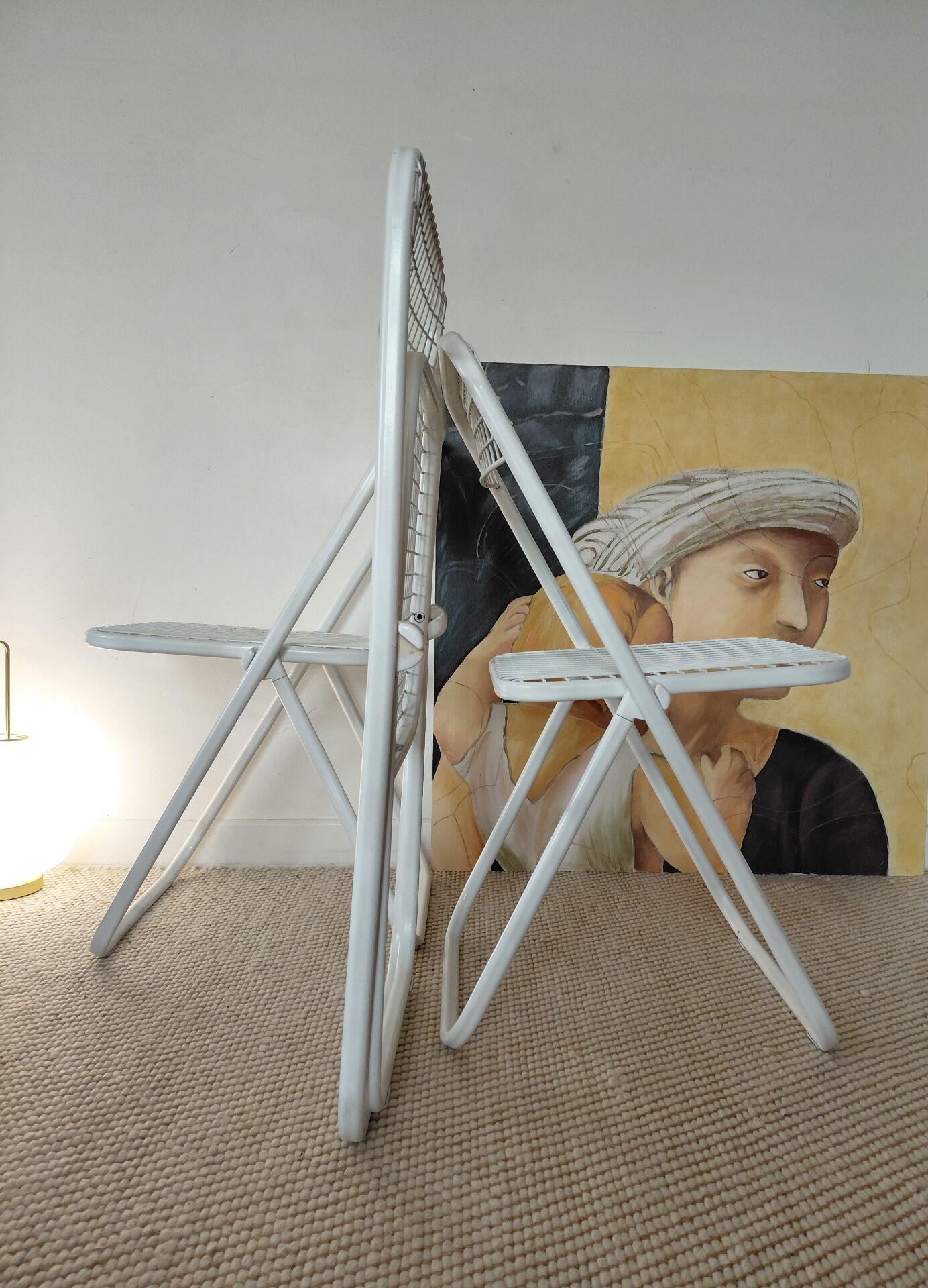 Suite de 3 chaises pliantes Talin en métal blanc, Italie années 70