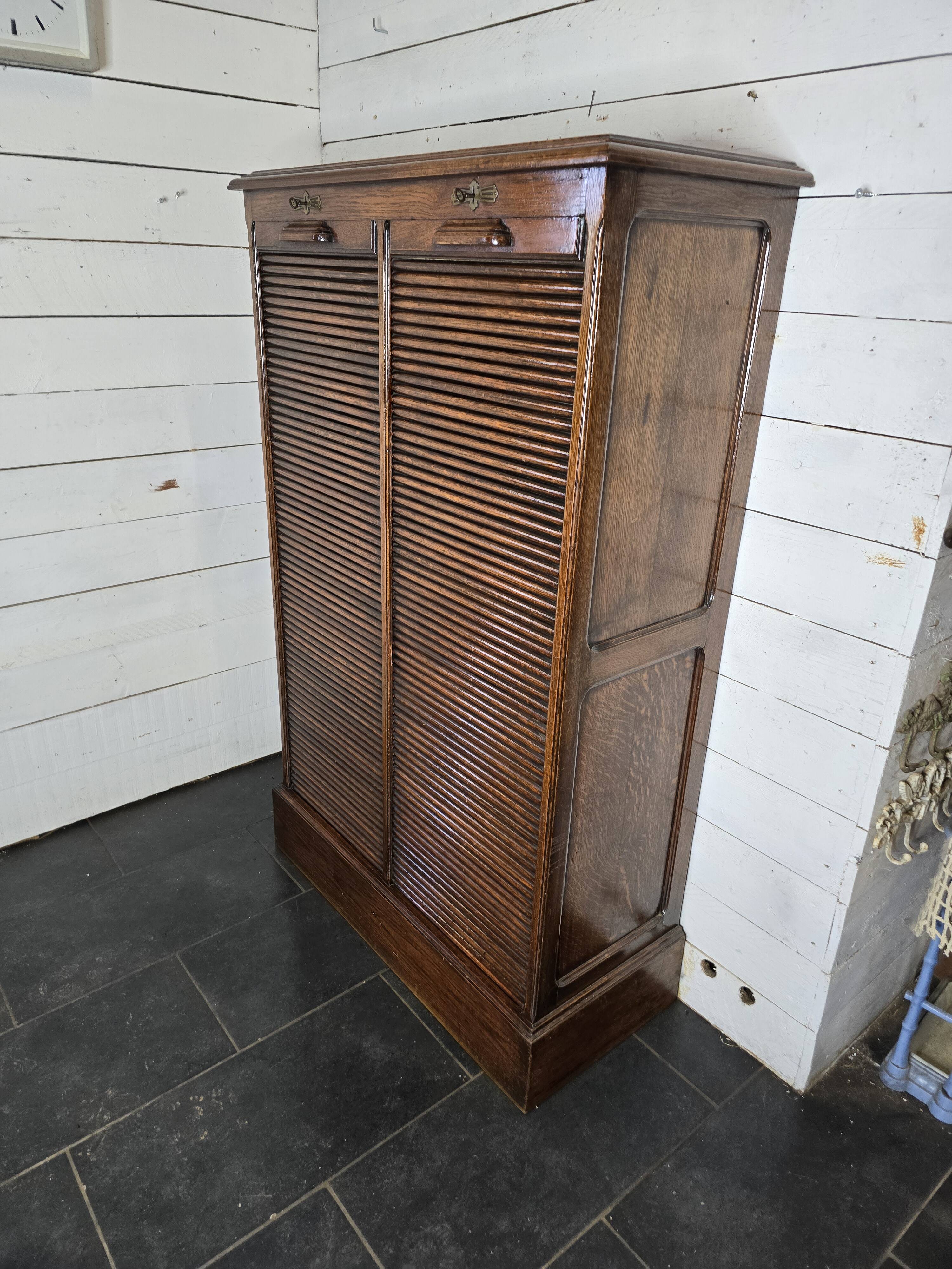 Solid oak double curtain filing cabinet