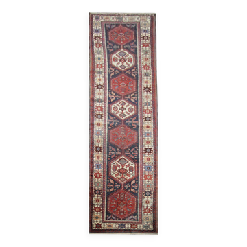 Couloir en laine oriental fait main, tapis de marche long avec médaillon géométrique.
