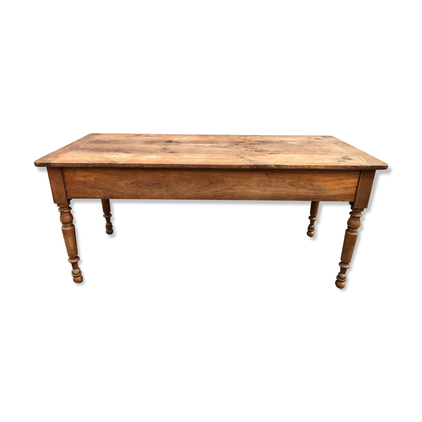 Antique cherry farmhouse table with 2 drawers and 1 pull-out