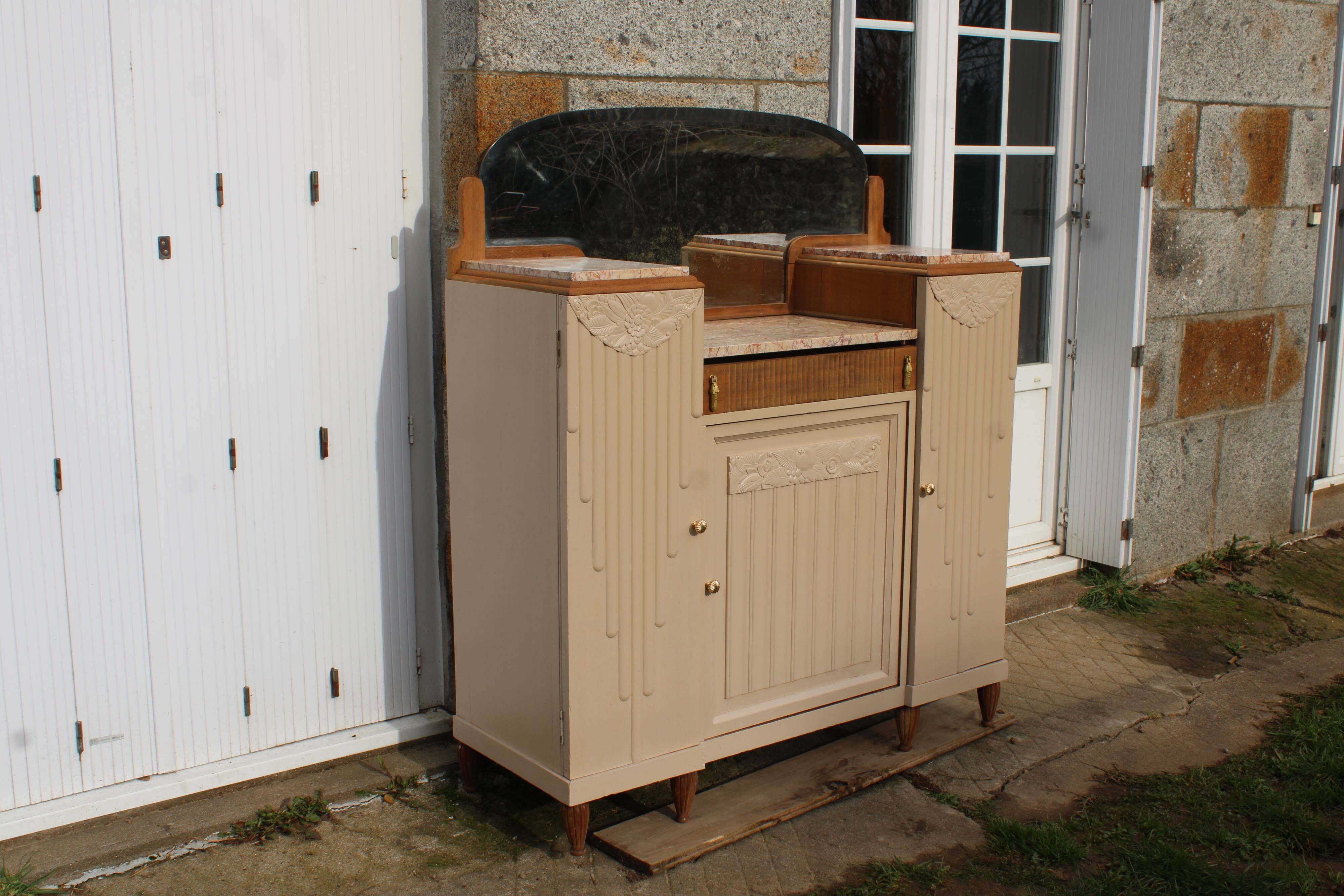 Renovated Art Deco buffet, pink marble and original mirror.