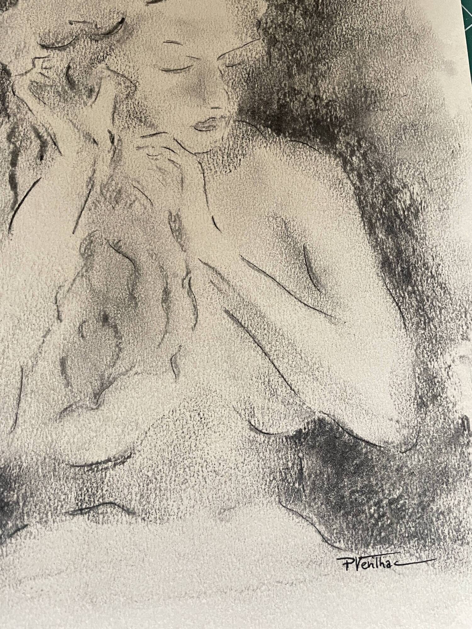 Charcoal painting signed portrait of woman combing her hair